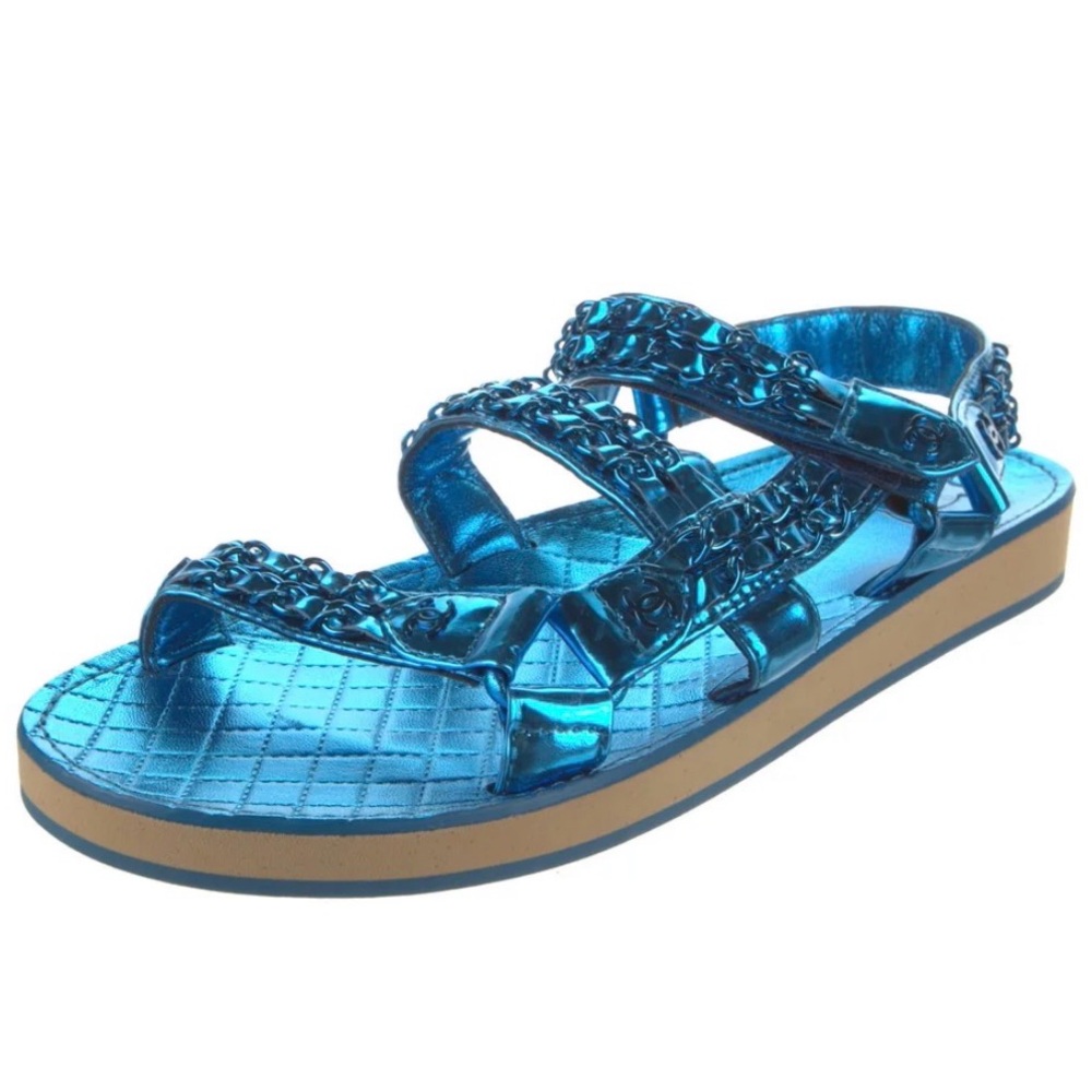 CHANEL Metallic Teal Blue Quilted Jelly Sandals with Chain Trim - Picture 2 of 4